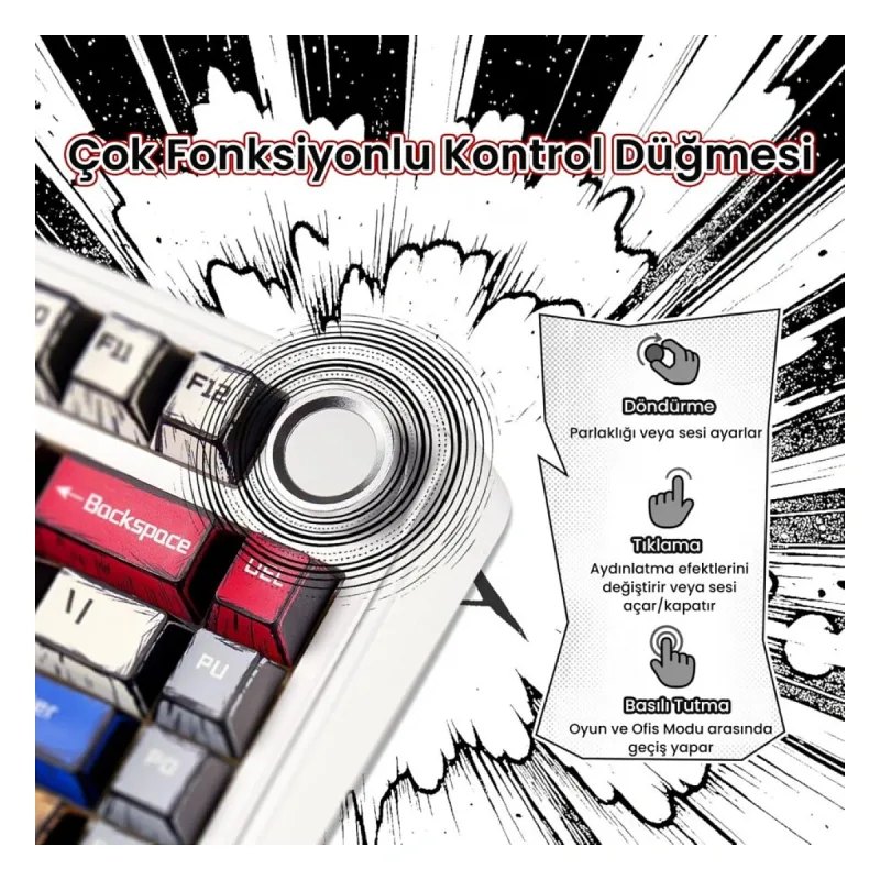 Aula F75 Mekanik Kablosuz Oyuncu Klavyesi RGB TKL Reaper Switch Hot Swap Makrolu Comic Karikatür Tasarım