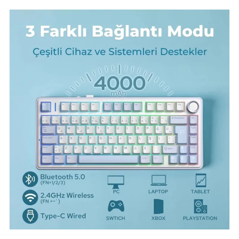Aula F75 Mekanik RGB TKL Hot Swap GrayWood V4 Switch Kablosuz Makrolu Türkçe Q Klavye Buz Mavisi