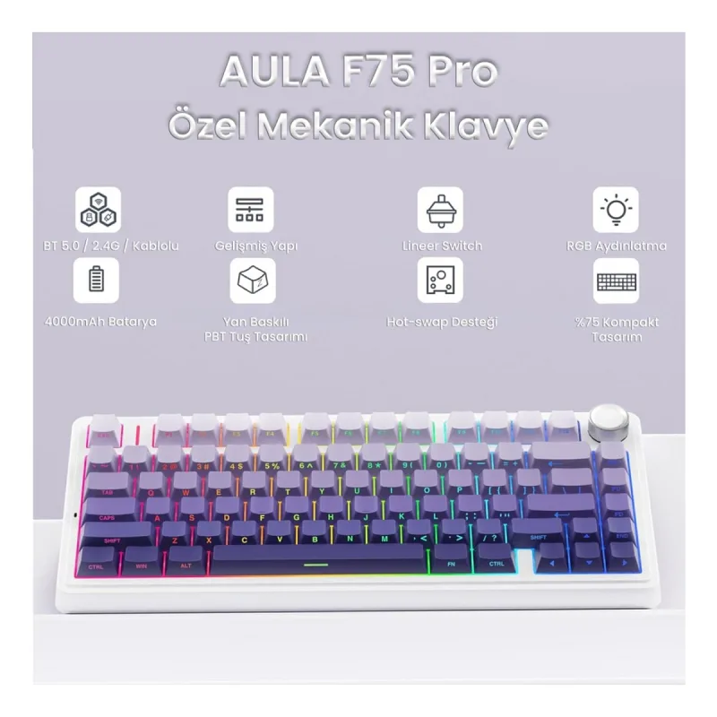 Aula F75 Mekanik RGB TKL Seiya Switch Kablosuz Makrolu Hot Swap Gaming Klavye Gradyan Mor