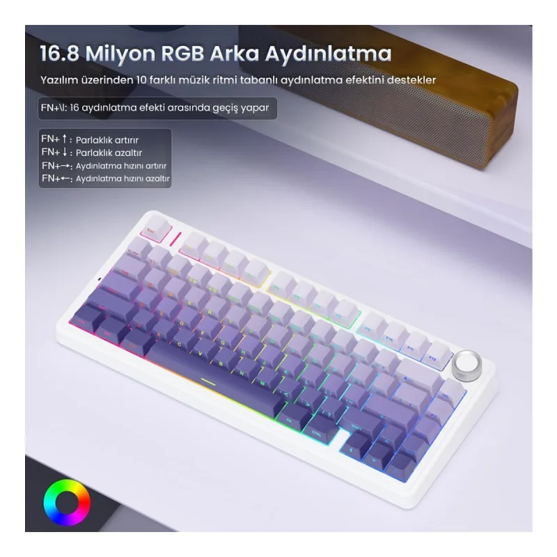 Aula F75 Mekanik RGB TKL Seiya Switch Kablosuz Makrolu Hot Swap Gaming Klavye Gradyan Mor
