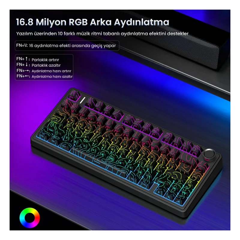 Aula F75 Mekanik RGB TKL Seiya Switch Kablosuz Makrolu Hot Swap Gaming Klavye Desenli Siyah