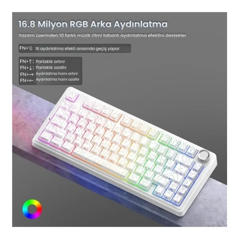 Aula F75 Mekanik RGB TKL Seiya Switch Kablosuz Makrolu Hot Swap Gaming Klavye Desenli Beyaz