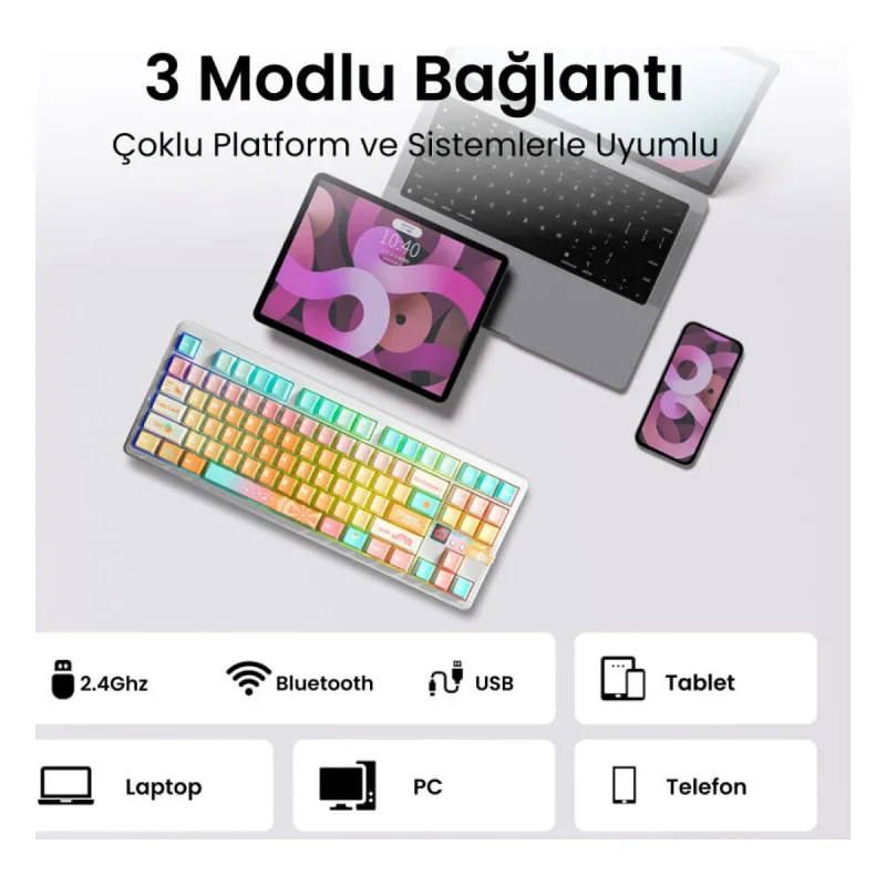 Aula F87 PRO V2 Mekanik RGB TKL Meteor Ice Cream Switch Kablosuz Makrolu Hot Swap Klavye Orange Juice