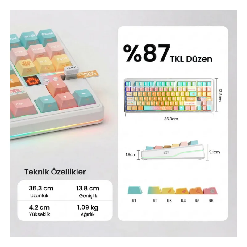 Aula F87 PRO V2 Mekanik RGB TKL Meteor Ice Cream Switch Kablosuz Makrolu Hot Swap Klavye Orange Juice