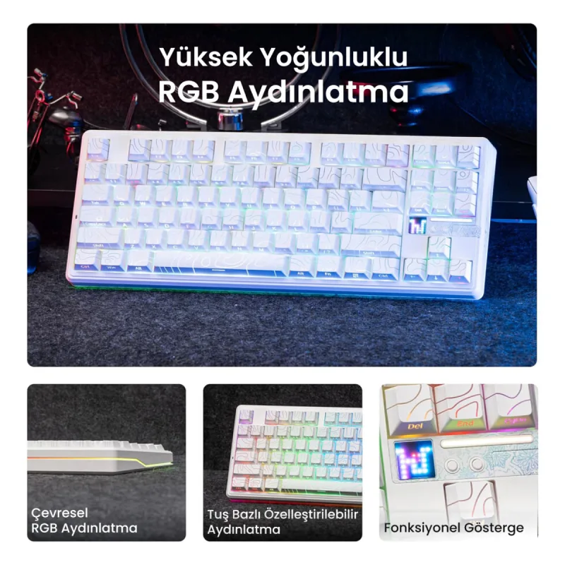 Aula F87 PRO V2 Mekanik RGB TKL Star Vector Switch Kablosuz Makrolu Hot Swap Klavye Desenli Beyaz