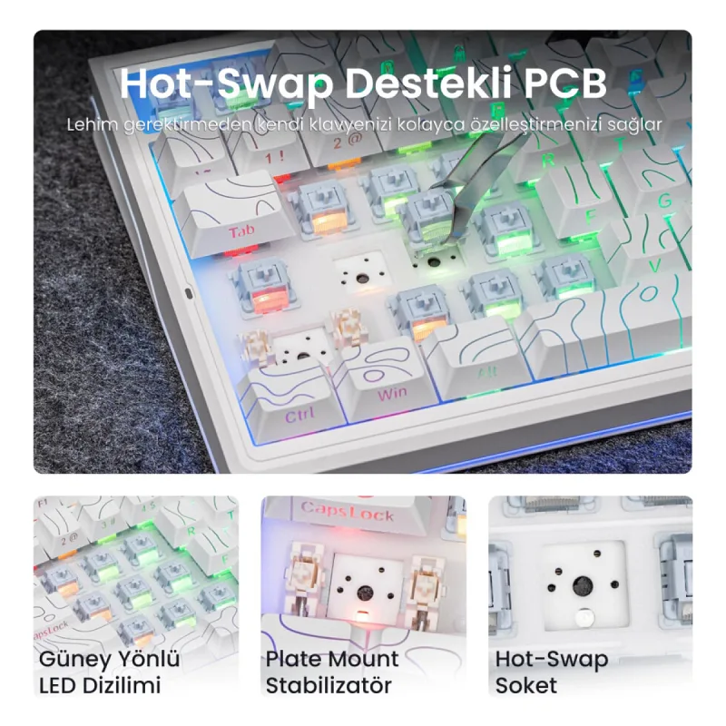 Aula F87 PRO V2 Mekanik RGB TKL Star Vector Switch Kablosuz Makrolu Hot Swap Klavye Desenli Beyaz