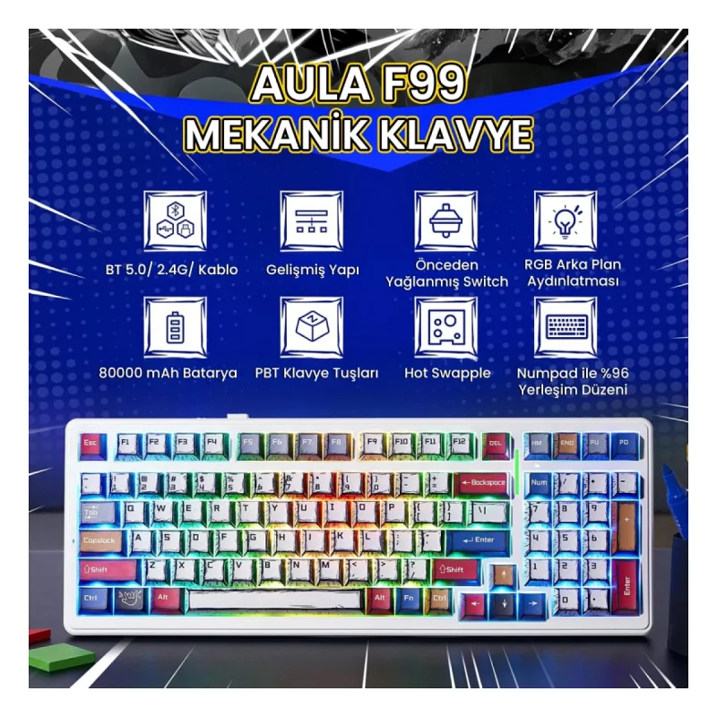 Aula F99 3 Modlu RGB Hot Swap Mekanik GrayWood V3 Switch Kablosuz Makrolu Gaming Klavye Comic