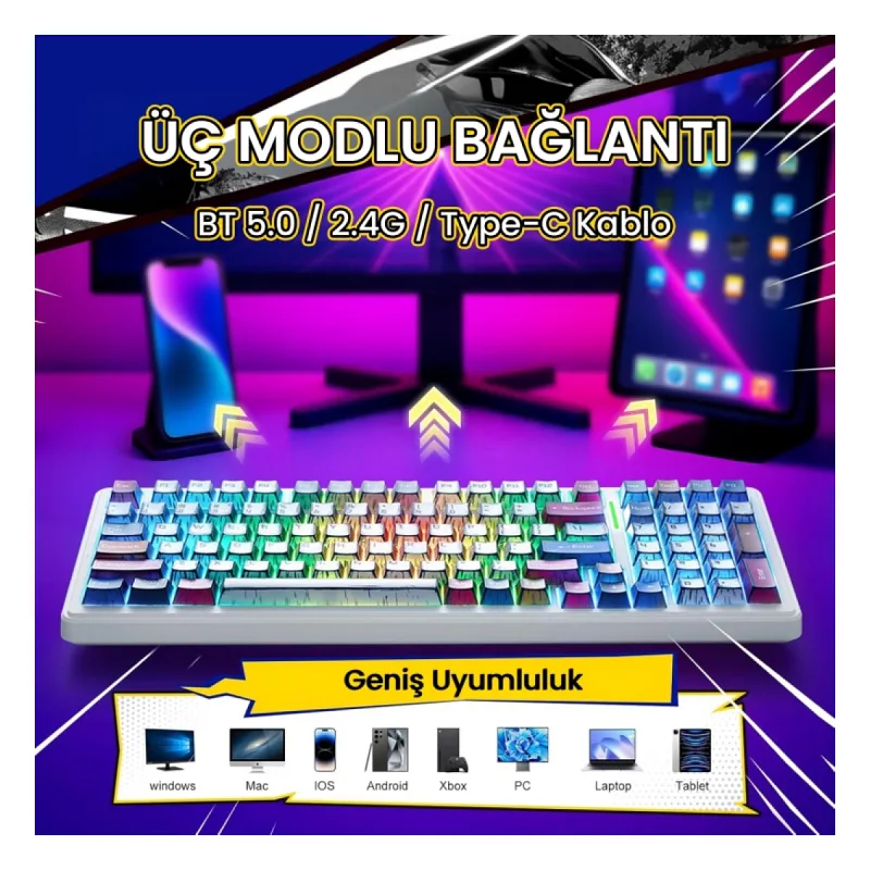 Aula F99 3 Modlu RGB Hot Swap Mekanik GrayWood V3 Switch Kablosuz Makrolu Gaming Klavye Comic