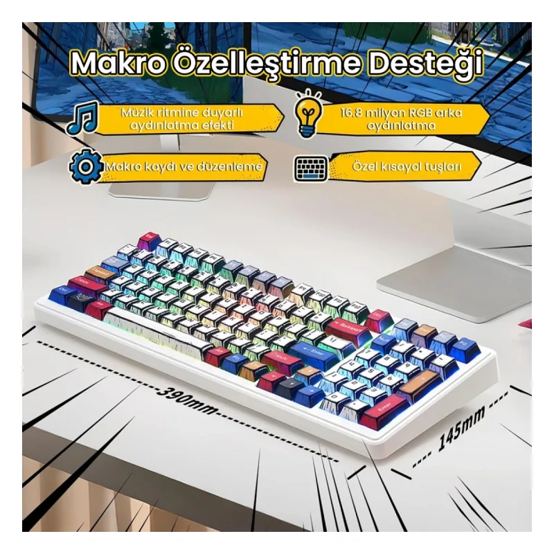 Aula F99 3 Modlu RGB Hot Swap Mekanik GrayWood V3 Switch Kablosuz Makrolu Gaming Klavye Comic
