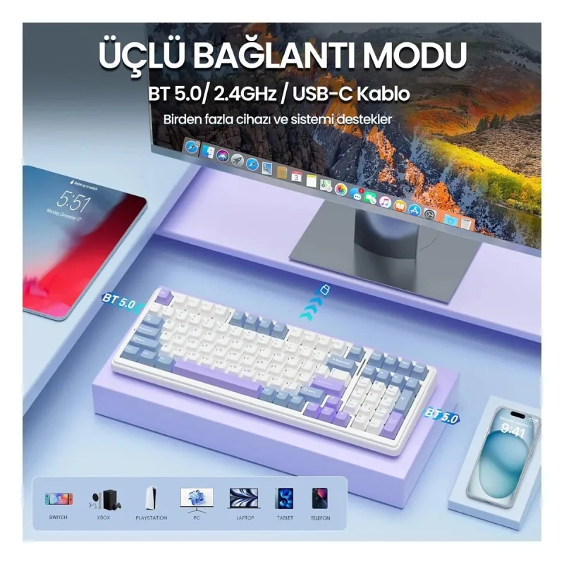 Aula F99 3 Modlu RGB Hot Swap Mekanik Reaper Switch Kablosuz Makrolu Klavye Mavi