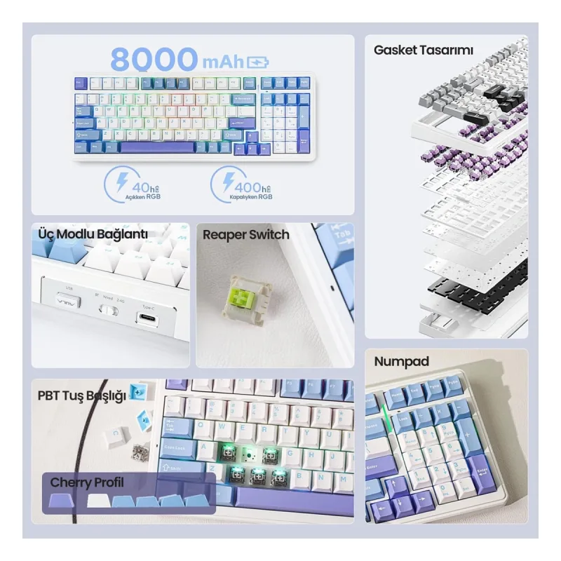 Aula F99 3 Modlu RGB Hot Swap Mekanik Reaper Switch Kablosuz Makrolu Klavye Mavi
