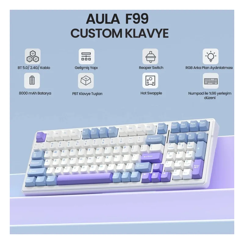 Aula F99 3 Modlu RGB Hot Swap Mekanik Reaper Switch Kablosuz Makrolu Klavye Mavi
