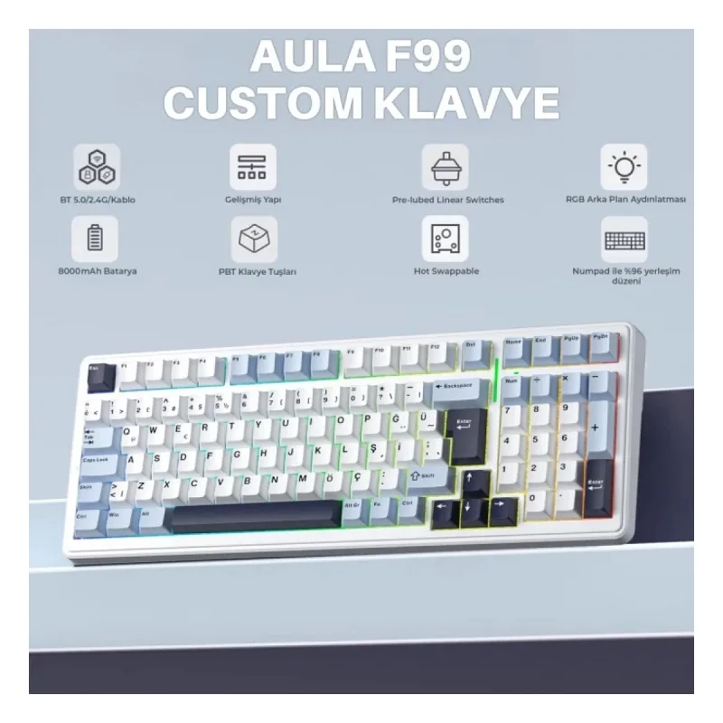 Aula F99 Mekanik RGB Hot Swap GrayWood V4 Switch 3 Modlu Kablosuz Makrolu Türkçe Q Klavye Lacivert