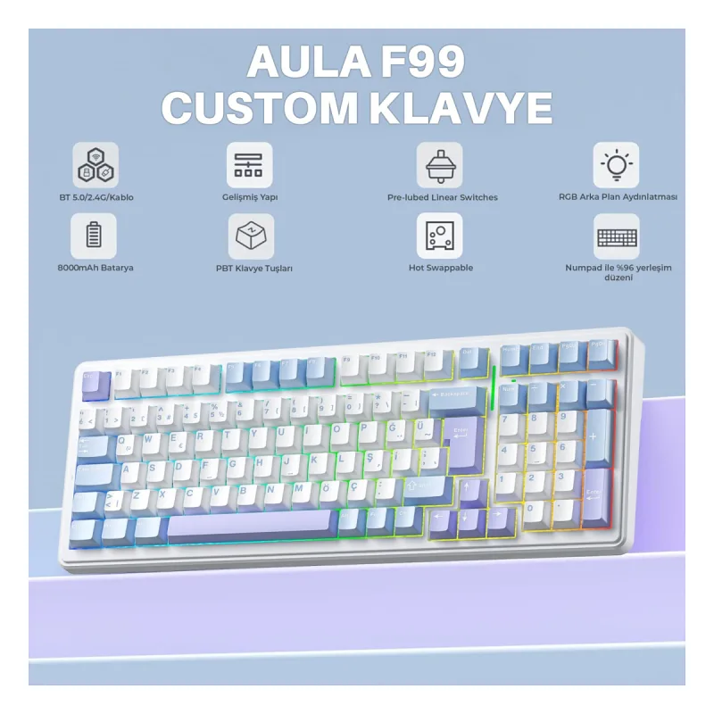 Aula F99 Mekanik RGB Hot Swap GrayWood V4 Switch 3 Modlu Kablosuz Makrolu Türkçe Q Klavye Mavi
