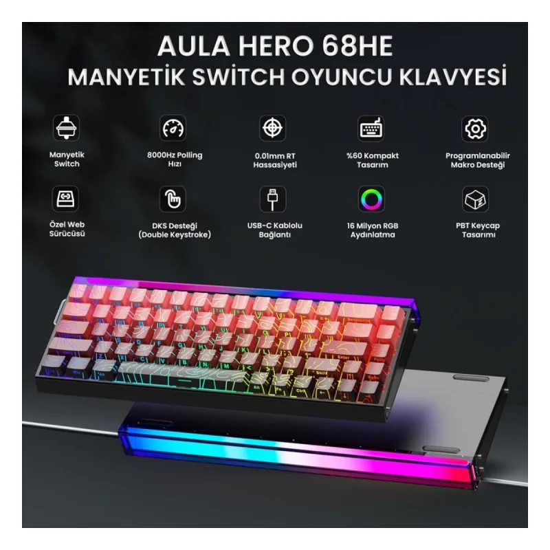 Aula Hero 68 HE Manyetik Klavye Rapid Trigger Dragon King Switch 8000Hz RGB Neon TKL Hot Swap Oyuncu Klavyesi Kırmızı
