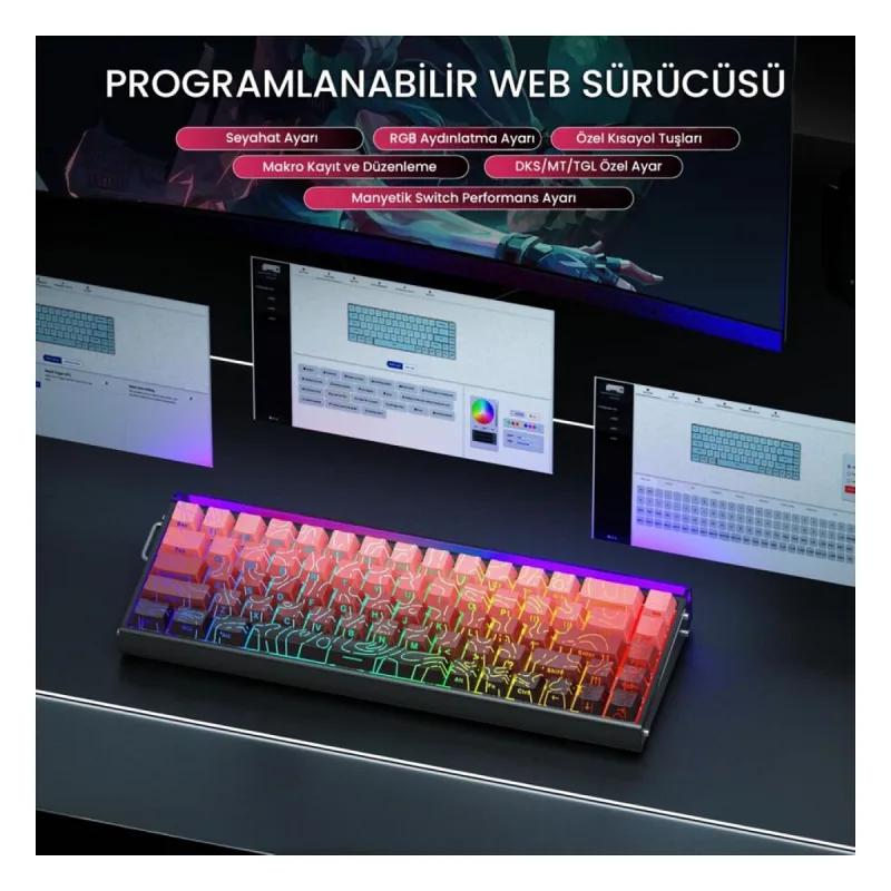 Aula Hero 68 HE Manyetik Klavye Rapid Trigger Dragon King Switch 8000Hz RGB Neon TKL Hot Swap Oyuncu Klavyesi Kırmızı