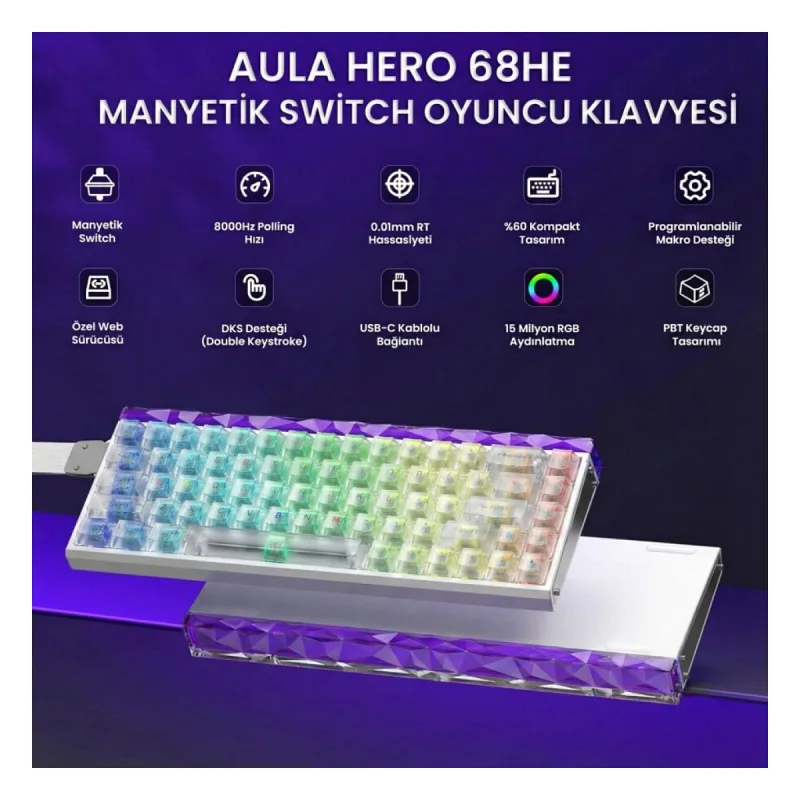 Aula Hero 68 He Manyetik Klavye Rapid Trigger Silver Switch 8000Hz RGB Neon TKL Hot Swap Oyuncu Klavyesi Şeffaf