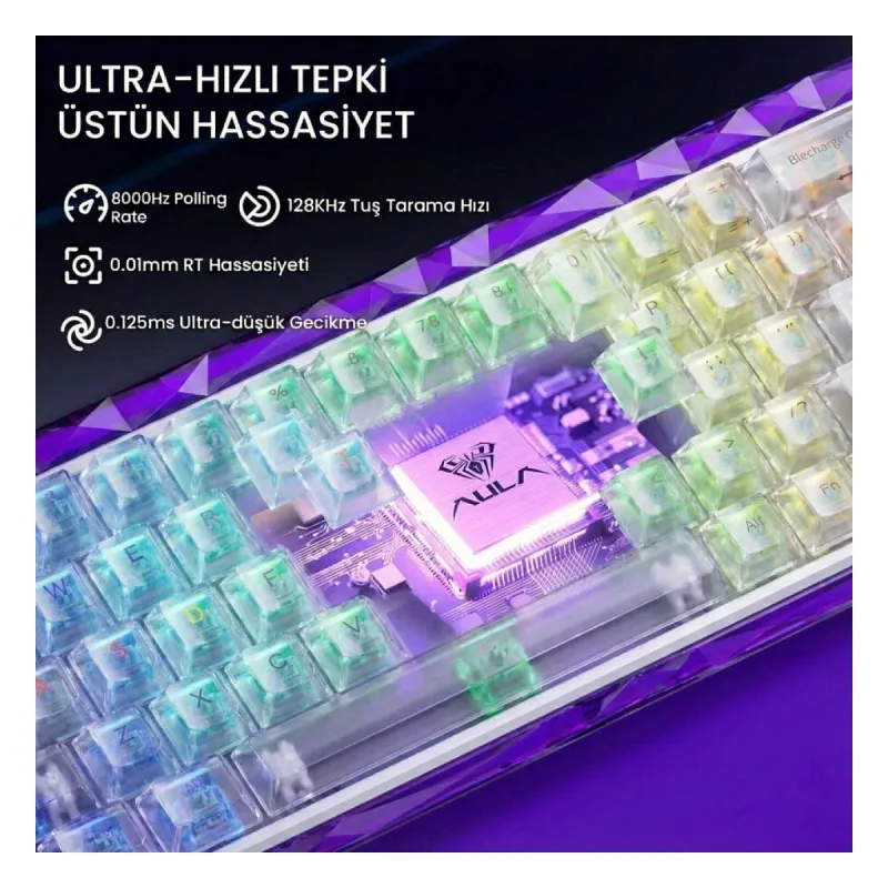 Aula Hero 68 He Manyetik Klavye Rapid Trigger Silver Switch 8000Hz RGB Neon TKL Hot Swap Oyuncu Klavyesi Şeffaf