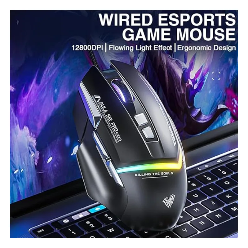 Aula S12 Pro Siyah Makrolu Ergonomik Optik Kablolu Oyuncu Mouse