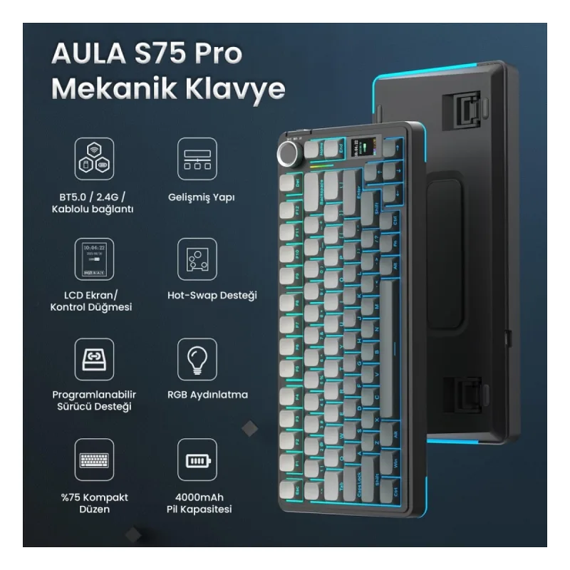 Aula S75 Pro Mekanik RGB TKL Seiya Switch Kablosuz Makrolu Hot Swap Klavye Gradyan Gri