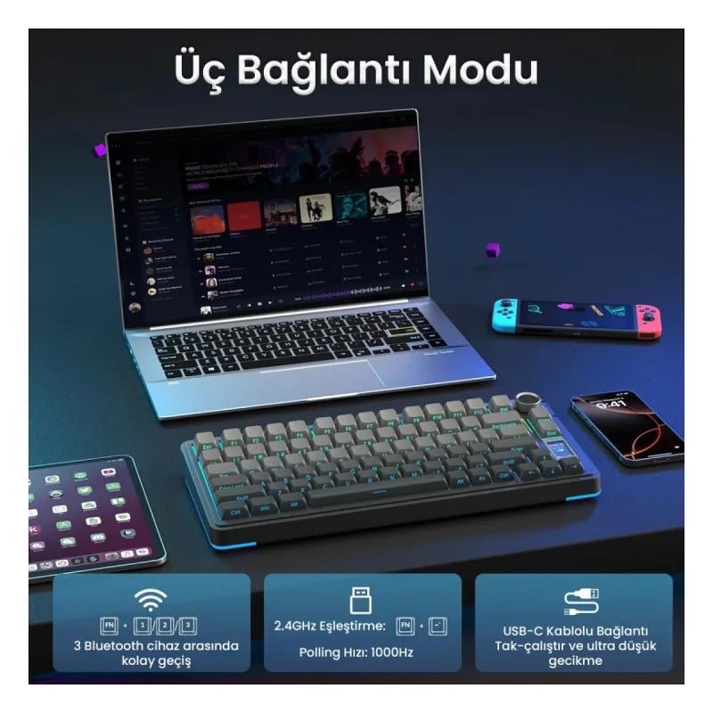 Aula S75 Pro Mekanik RGB TKL Seiya Switch Kablosuz Makrolu Hot Swap Klavye Gradyan Gri