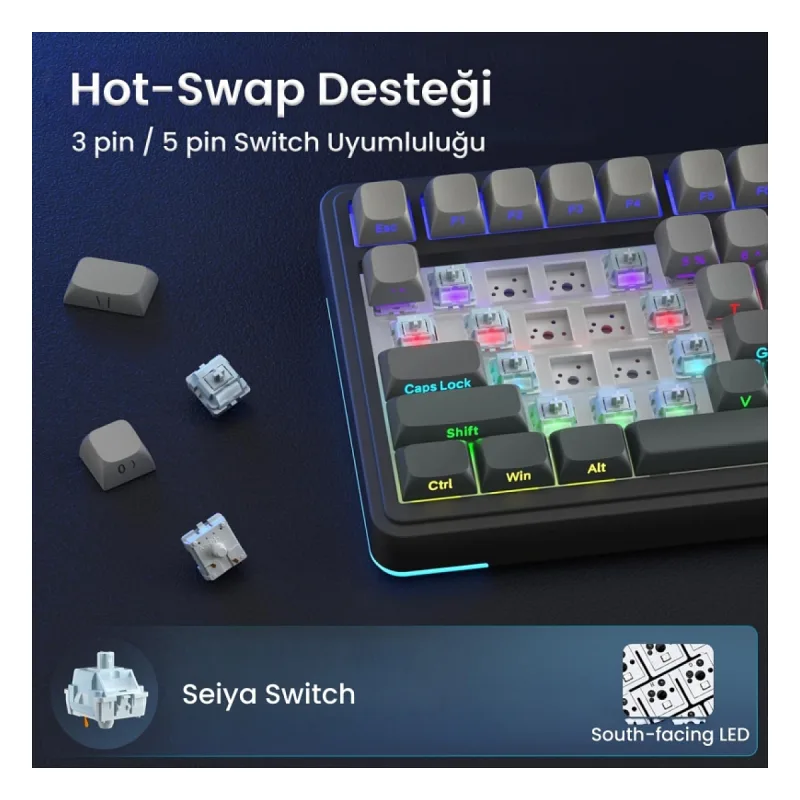 Aula S75 Pro Mekanik RGB TKL Seiya Switch Kablosuz Makrolu Hot Swap Klavye Gradyan Gri
