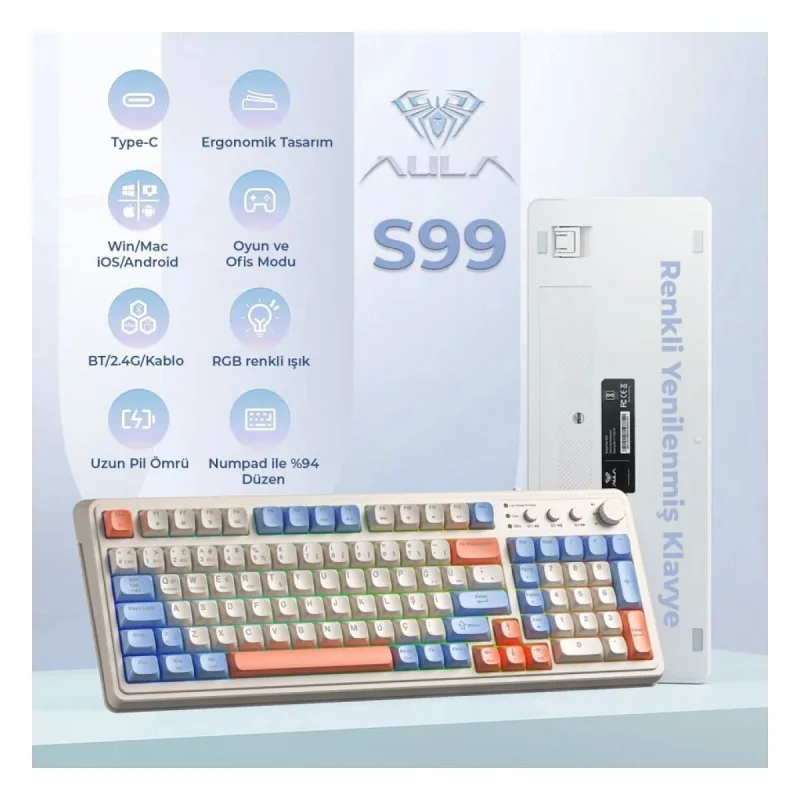 Aula S99 Retro Turuncu RGB %96 Kablolu/Kablosuz Oyuncu Klavyesi