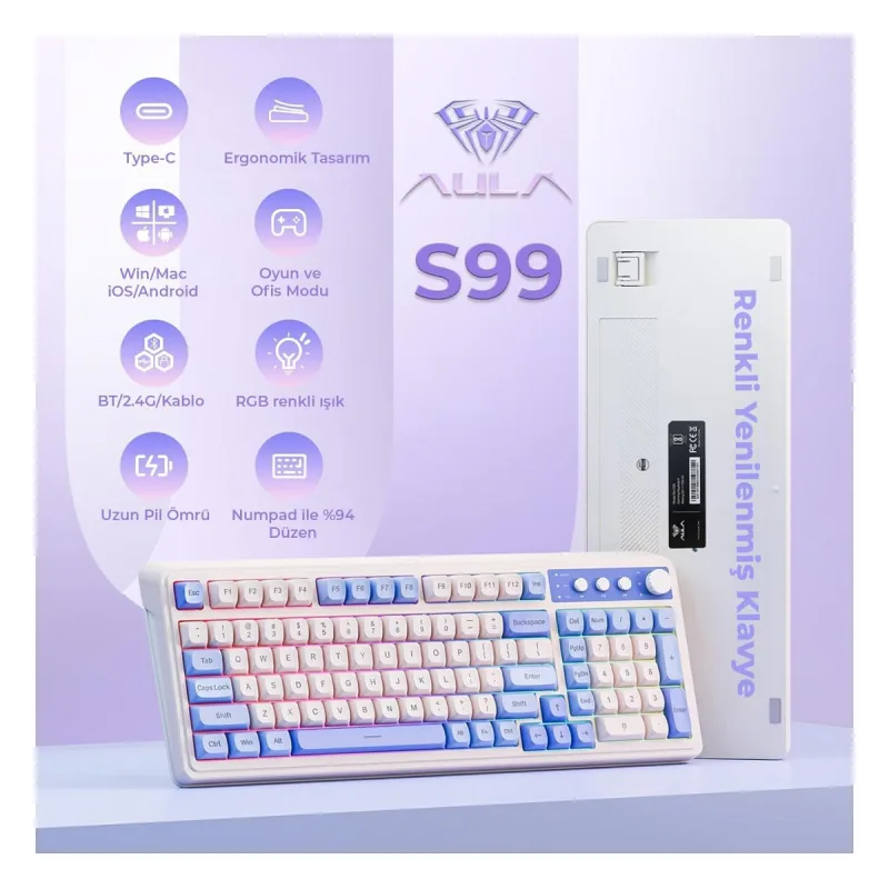 Aula S99 Retro Mavi RGB %96 Kablolu/Kablosuz Oyuncu Klavyesi