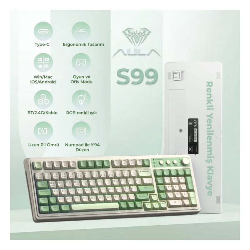 Aula S99 Retro Yeşil RGB %96 Kablolu/Kablosuz Oyuncu Klavyesi