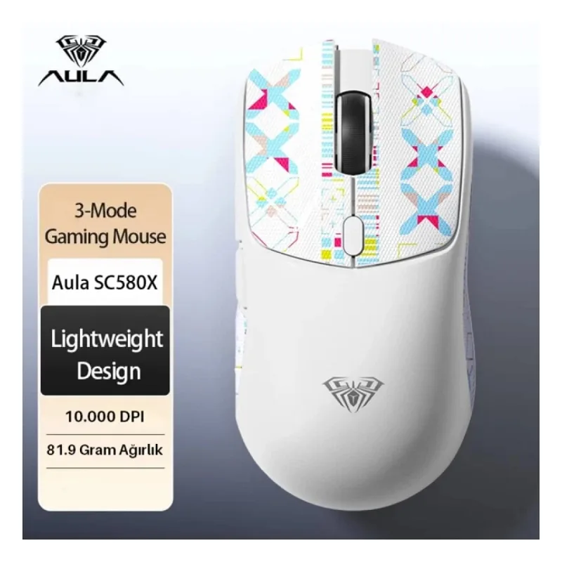 Aula SC580X LightWeight Beyaz Şarjlı Makrolu Ergonomik Optik Kablolu/Kablosuz Oyuncu Mouse