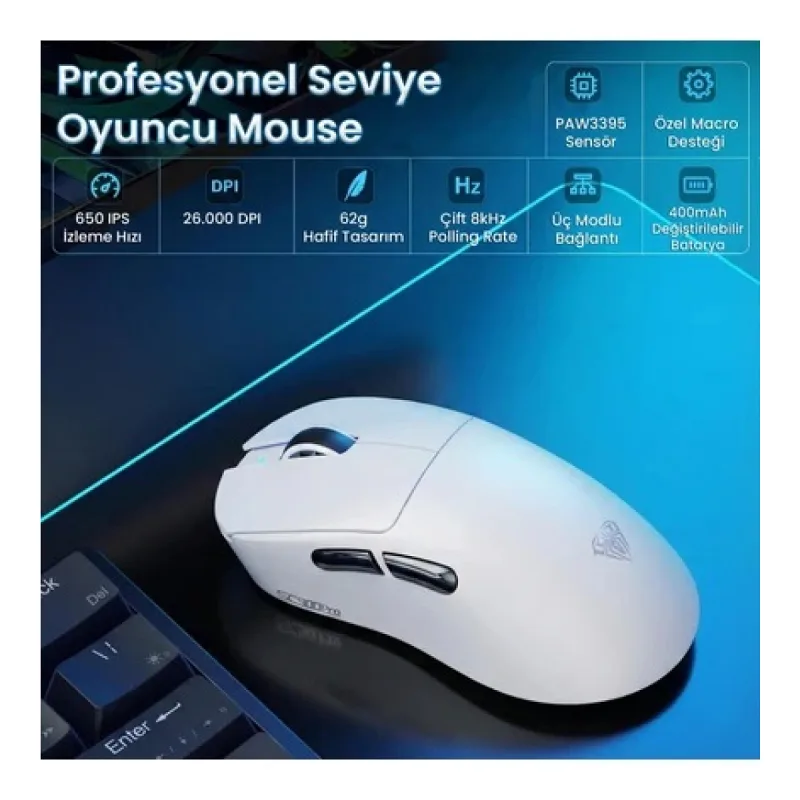 Aula SC900 Pro Beyaz Şarjlı Optik Kablolu/Kablosuz Oyuncu Mouse