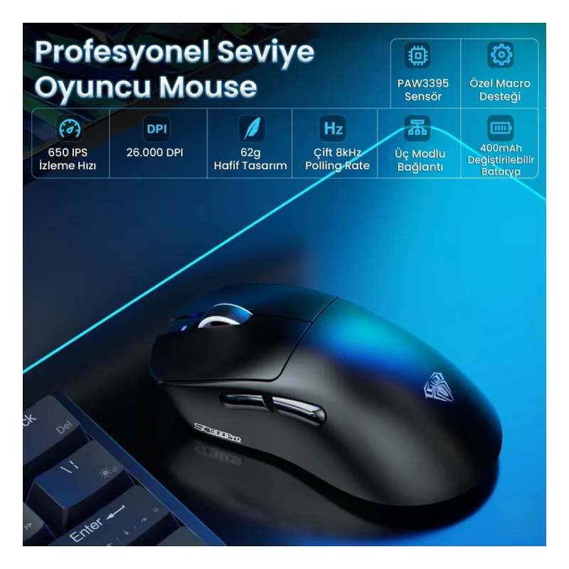 Aula SC900 Pro Siyah Şarjlı Optik Kablolu/Kablosuz Oyuncu Mouse