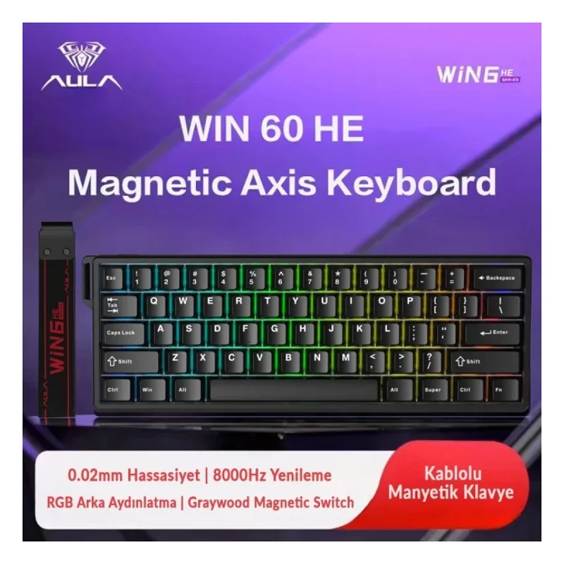 Aula Win60 He Manyetik Klavye Rapid Trigger Graywood Switch 8000Hz RGB TKL Hot Swap Oyuncu Klavyesi Siyah