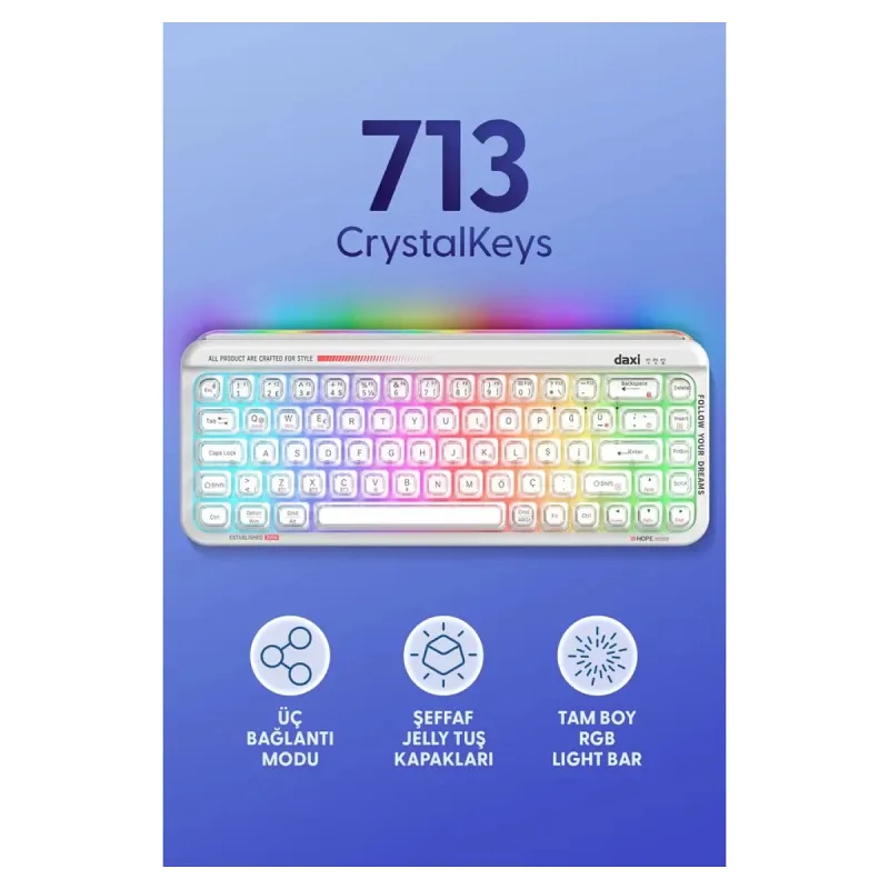 Daxi 713 CrystalKeys Dinamik RGB Oyuncu Klavyesi - Beyaz