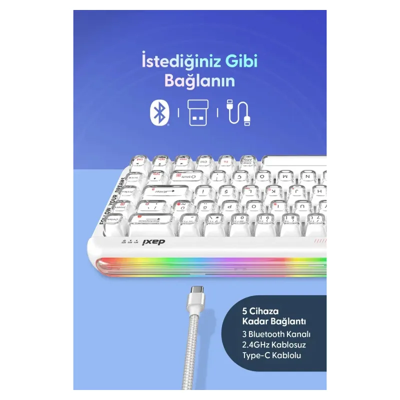 Daxi 713 CrystalKeys Dinamik RGB Oyuncu Klavyesi - Beyaz
