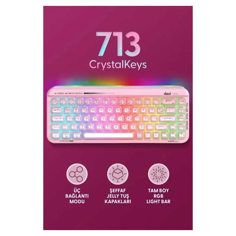 Daxi 713 CrystalKeys Dinamik RGB Oyuncu Klavyesi - Pembe