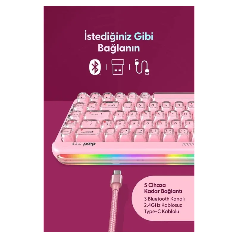 Daxi 713 CrystalKeys Dinamik RGB Oyuncu Klavyesi - Pembe