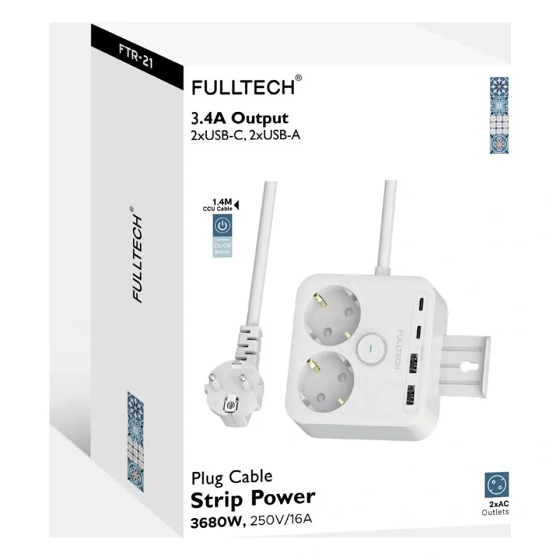 Fulltech Termal Akım Korumalı 2 Li Priz 2X Type C 2X Usb 3680 W Ftr-21