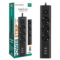 FULLTECH TYPE-C PORT GİRİŞLİ AKIM KORUMALI 3'LÜ PRİZ, 3 USB, 1 TYPE-C GİRİŞ, ISIYA DAYANIKLI