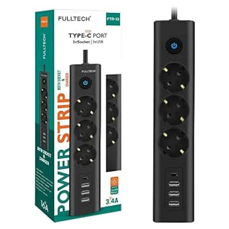 FULLTECH TYPE-C PORT GİRİŞLİ AKIM KORUMALI 3'LÜ PRİZ, 3 USB, 1 TYPE-C GİRİŞ, ISIYA DAYANIKLI