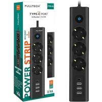 FULLTECH TYPE-C PORT GİRİŞLİ AKIM KORUMALI 3'LÜ PRİZ, 3 USB, 1 TYPE-C GİRİŞ, ISIYA DAYANIKLI
