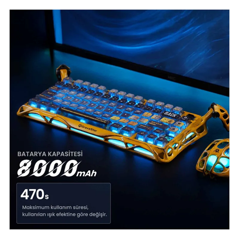 GravaStar Mercury K1 Pro Sarı RGB %75 TKL X Kailh Switch Kablolu/Kablosuz Mekanik Oyuncu Klavyesi