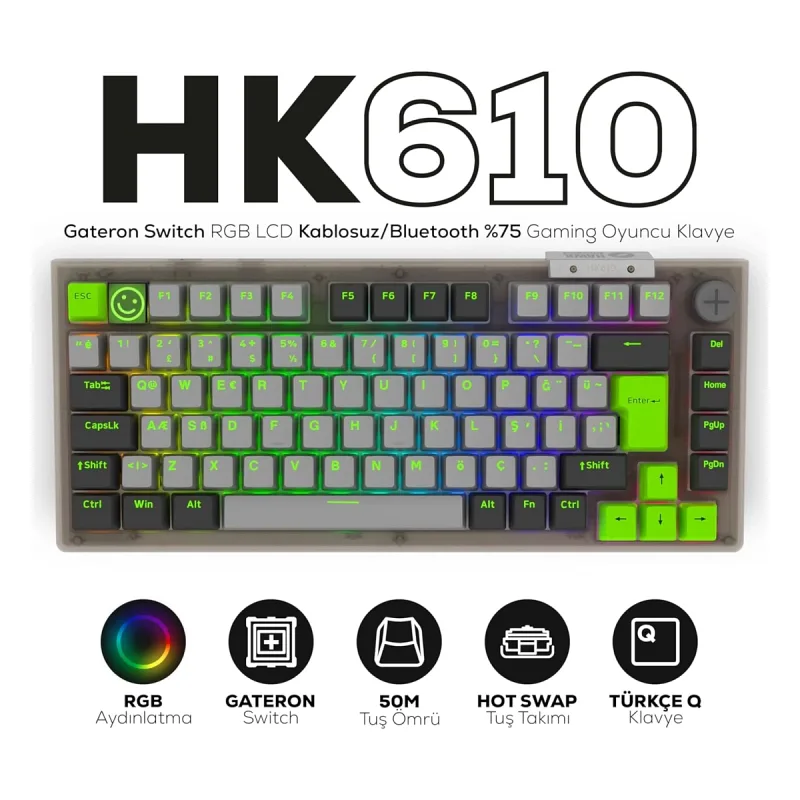 Hawk Gaming HK610 RGB TKL Gateron Switch Kablolu/Kablosuz Oyuncu Klavyesi