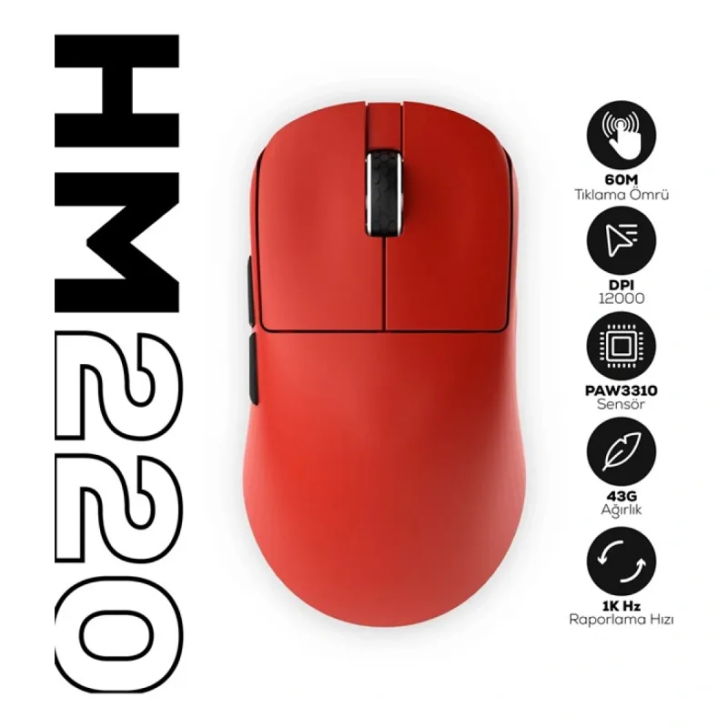 Hawk Gaming HM220 Kırmızı Şarjlı Optik Kablolu/Kablosuz Oyuncu Mouse