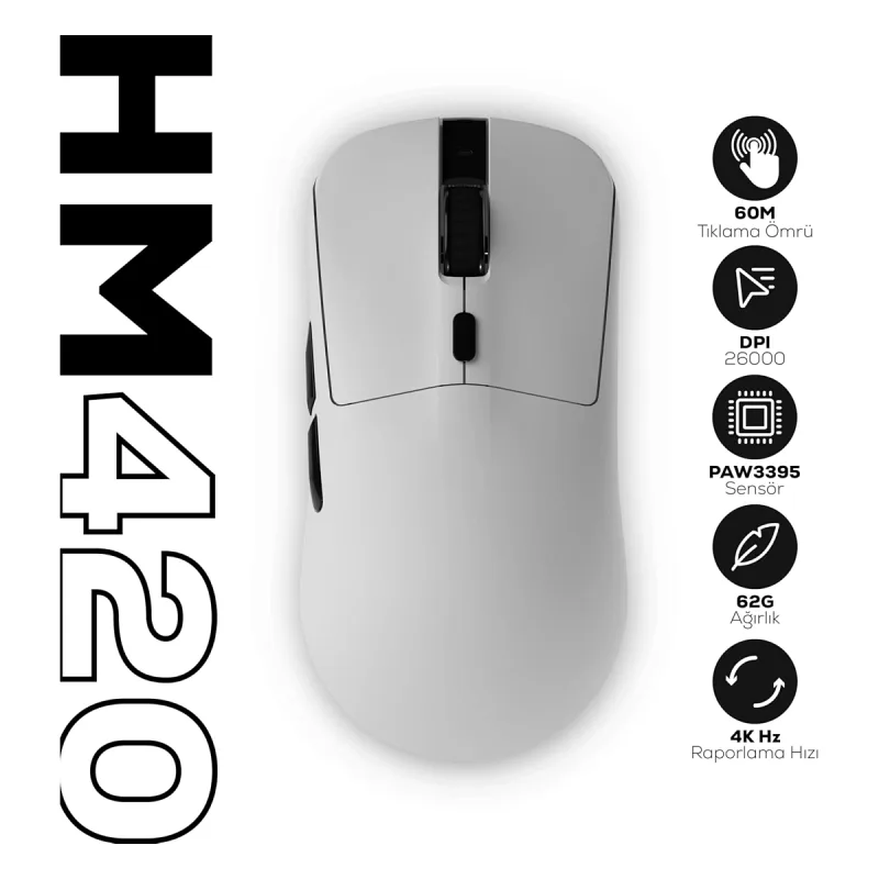 Hawk Gaming HM420 Beyaz Şarjlı Optik Kablolu/Kablosuz Oyuncu Mouse