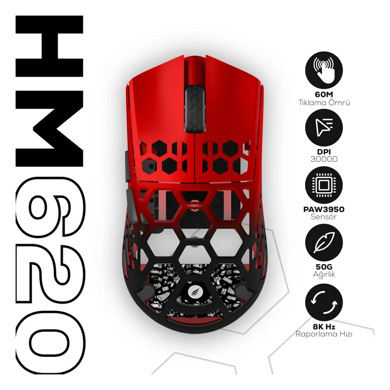 Hawk Gaming HM620 8K Hz 30000 DPI Tri-Mode Kablosuz/Bluetooth Siyah Kırmızı Gaming Mouse