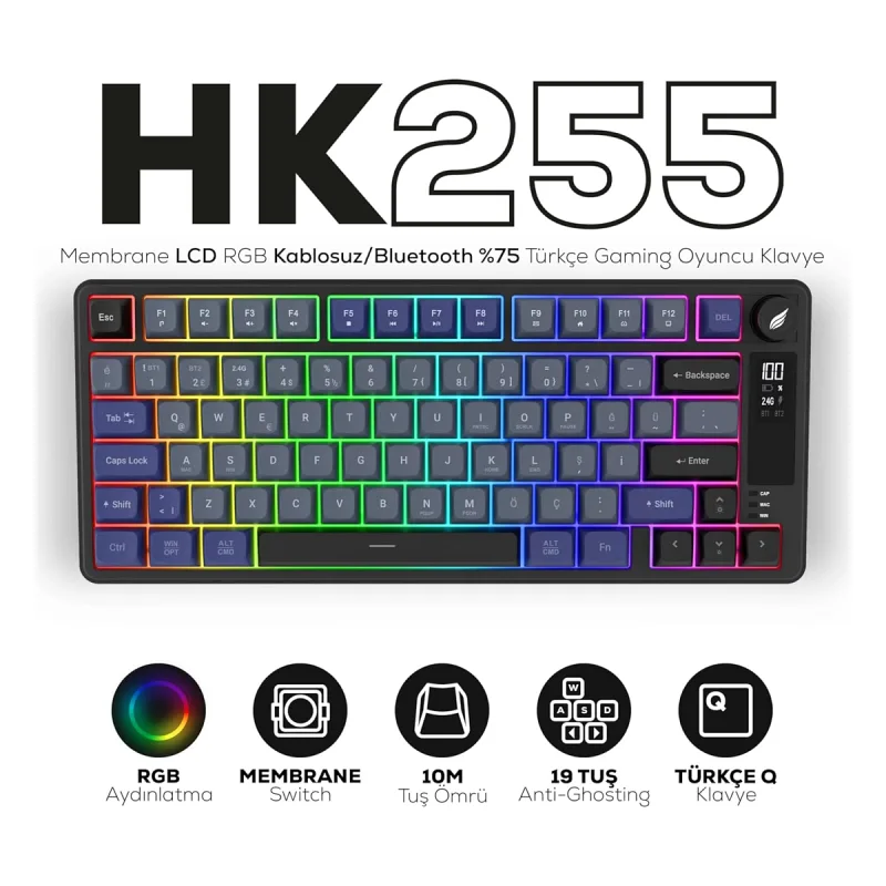 Hawk HK255 Membrane LCD RGB Kablosuz/Bluetooth Gri Mor %75 Türkçe Gaming Oyuncu Klavye
