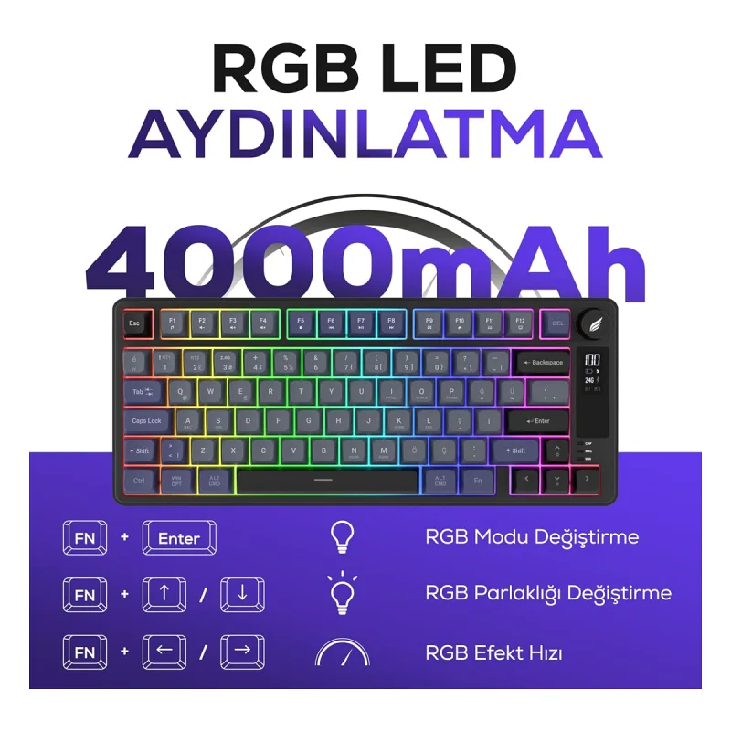 Hawk HK255 Membrane LCD RGB Kablosuz/Bluetooth Gri Mor %75 Türkçe Gaming Oyuncu Klavye