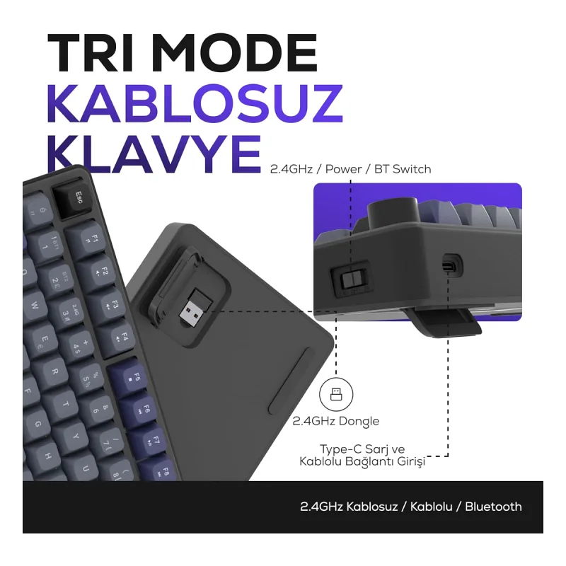 Hawk HK255 Membrane LCD RGB Kablosuz/Bluetooth Gri Mor %75 Türkçe Gaming Oyuncu Klavye