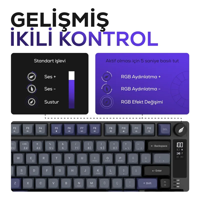 Hawk HK255 Membrane LCD RGB Kablosuz/Bluetooth Gri Mor %75 Türkçe Gaming Oyuncu Klavye